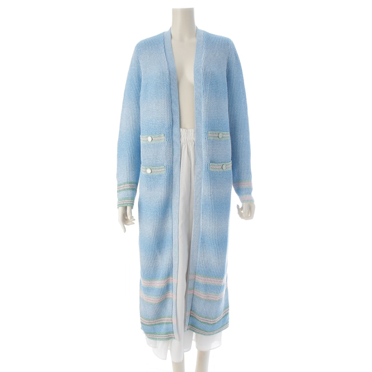 CHANEL linen COCO Button 4-Pocket Long cardigan P74755 Light blue 38