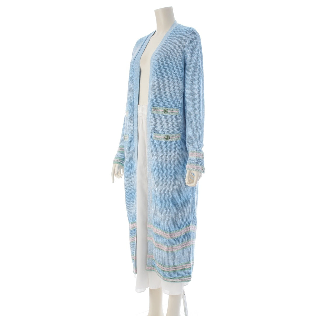 CHANEL linen COCO Button 4-Pocket Long cardigan P74755 Light blue 38