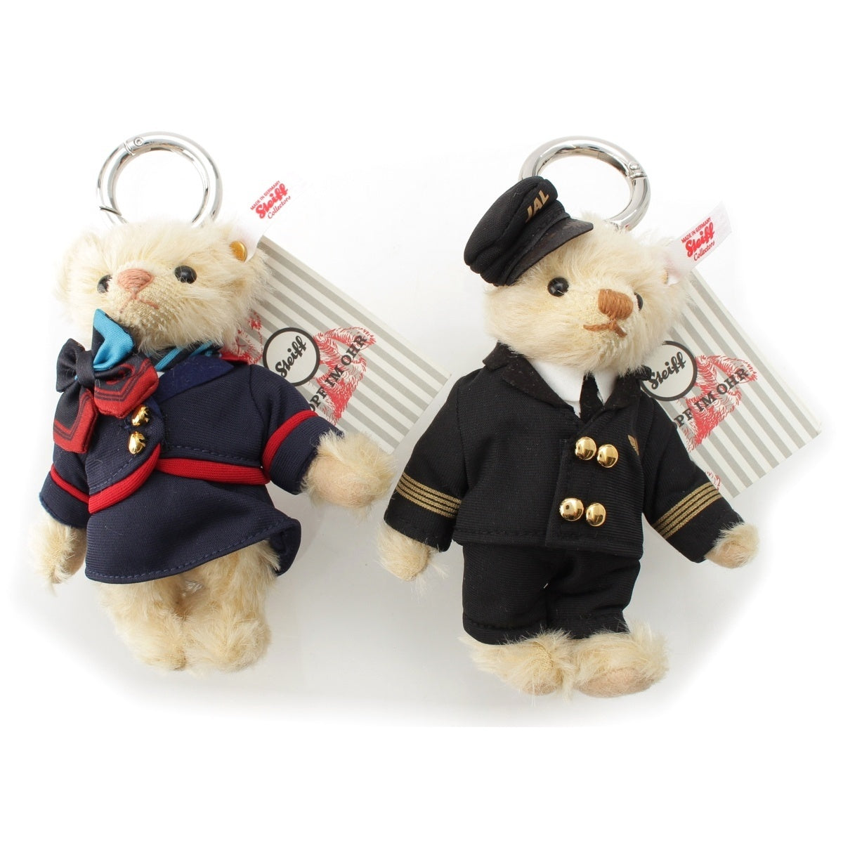 Steiff JAL Mohair Cotton Keyring set of 2 - Pilot/Cabin Attendant/CA Toys Plush Key Charm 678547/678530 multicolor