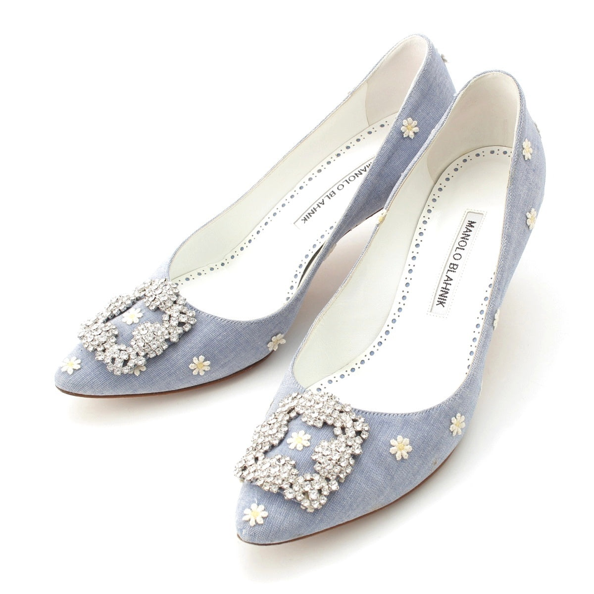 MANOLO BLAHNIK Hangisi Daisy Bijou Buckle pumps heel shoes Saxophone Blue Yellow 38 1/2