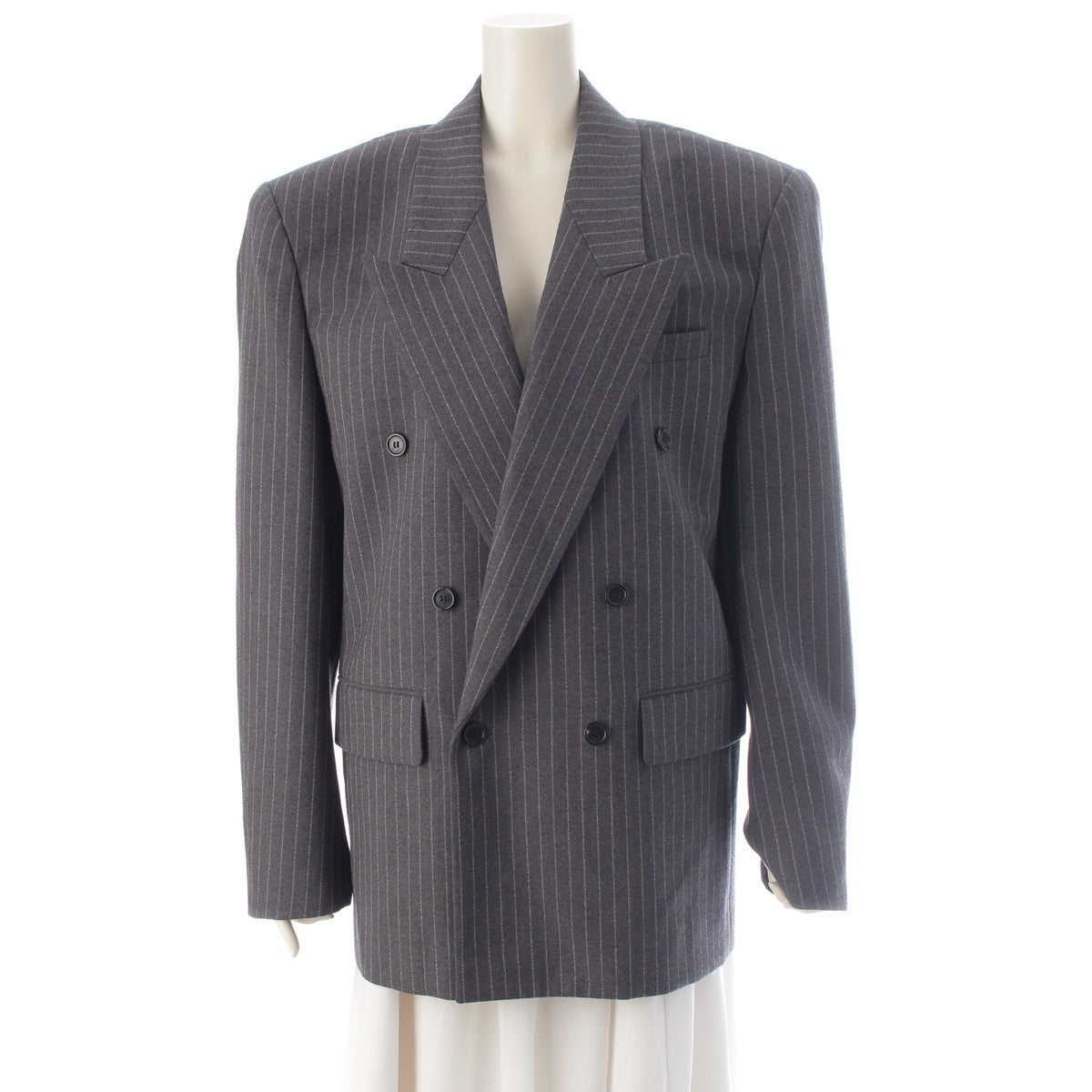 SAINT LAURENT Striped Peaked Lapel Stripe Wool Silk Cotton Double breasted tailored jacket outer 786846 Gray white 52