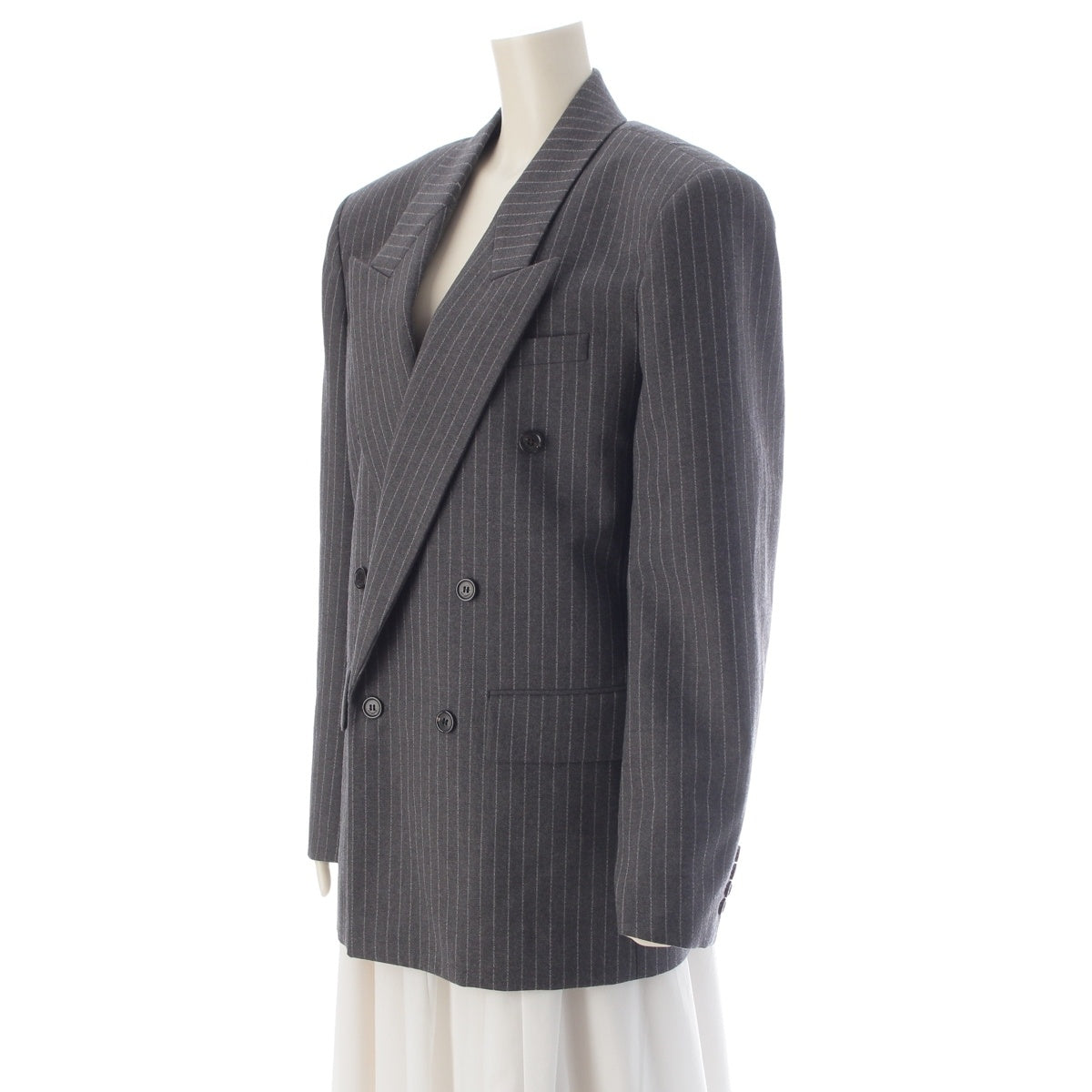 SAINT LAURENT Striped Peaked Lapel Stripe Wool Silk Cotton Double breasted tailored jacket outer 786846 Gray white 52