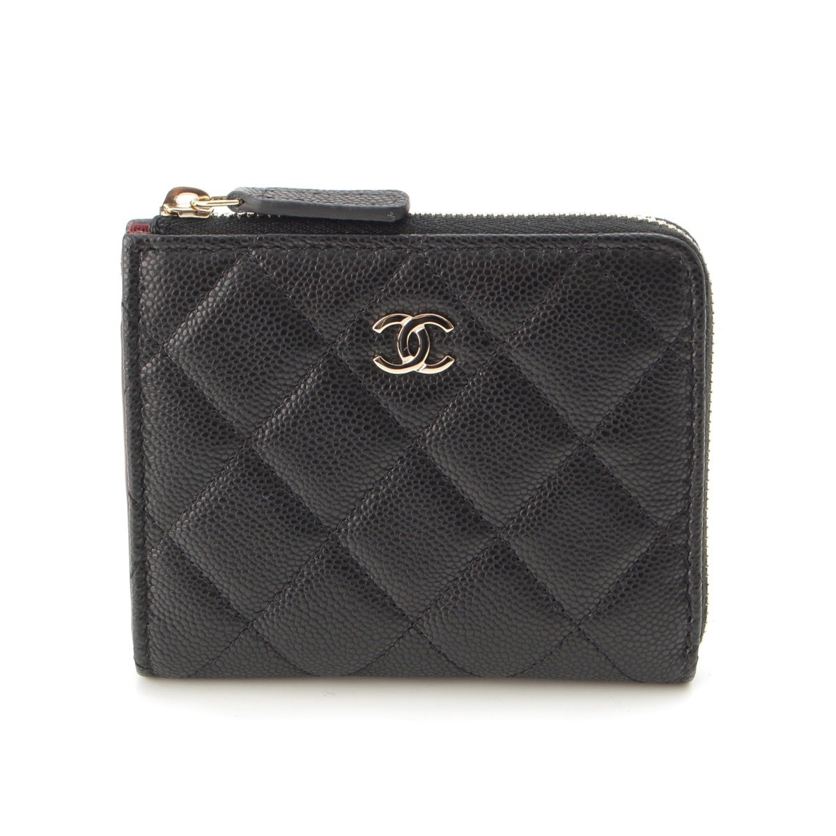 CHANEL Caviar skin COCO Mark L-shaped Zip Compact Wallet Coin case Card Case black