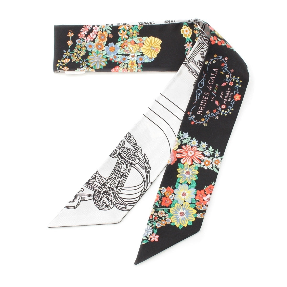 HERMES Twilly BRIDES DE GALA EN FLEURS (Brides de Gala en Fleurs & Eyeliner) silk scarf black