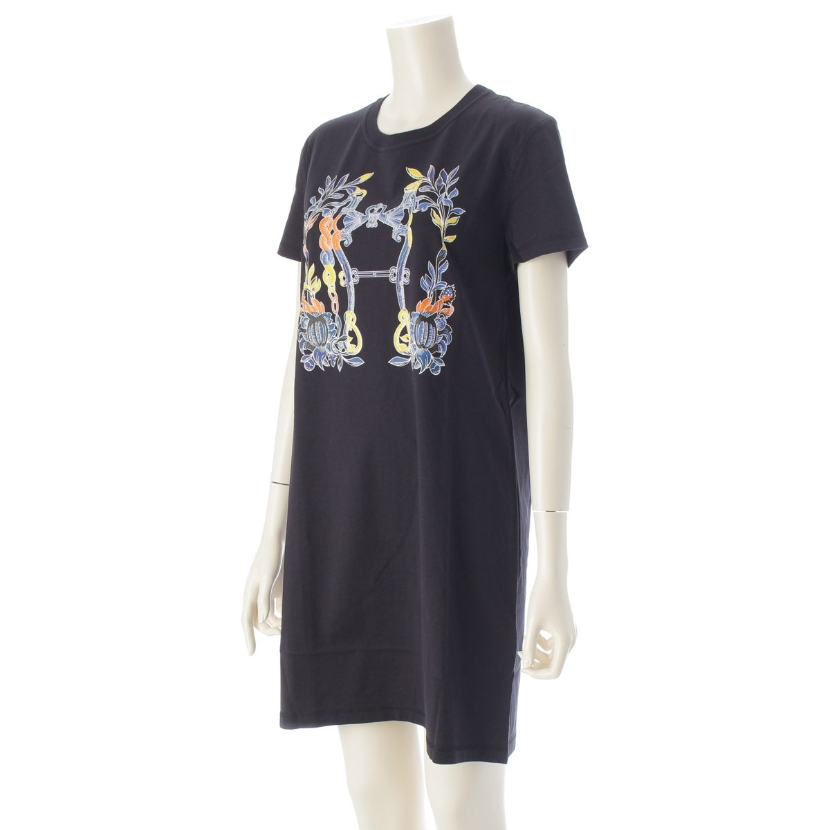HERMES Della Cavalleria Short-sleeved printed tunic one piece black 38