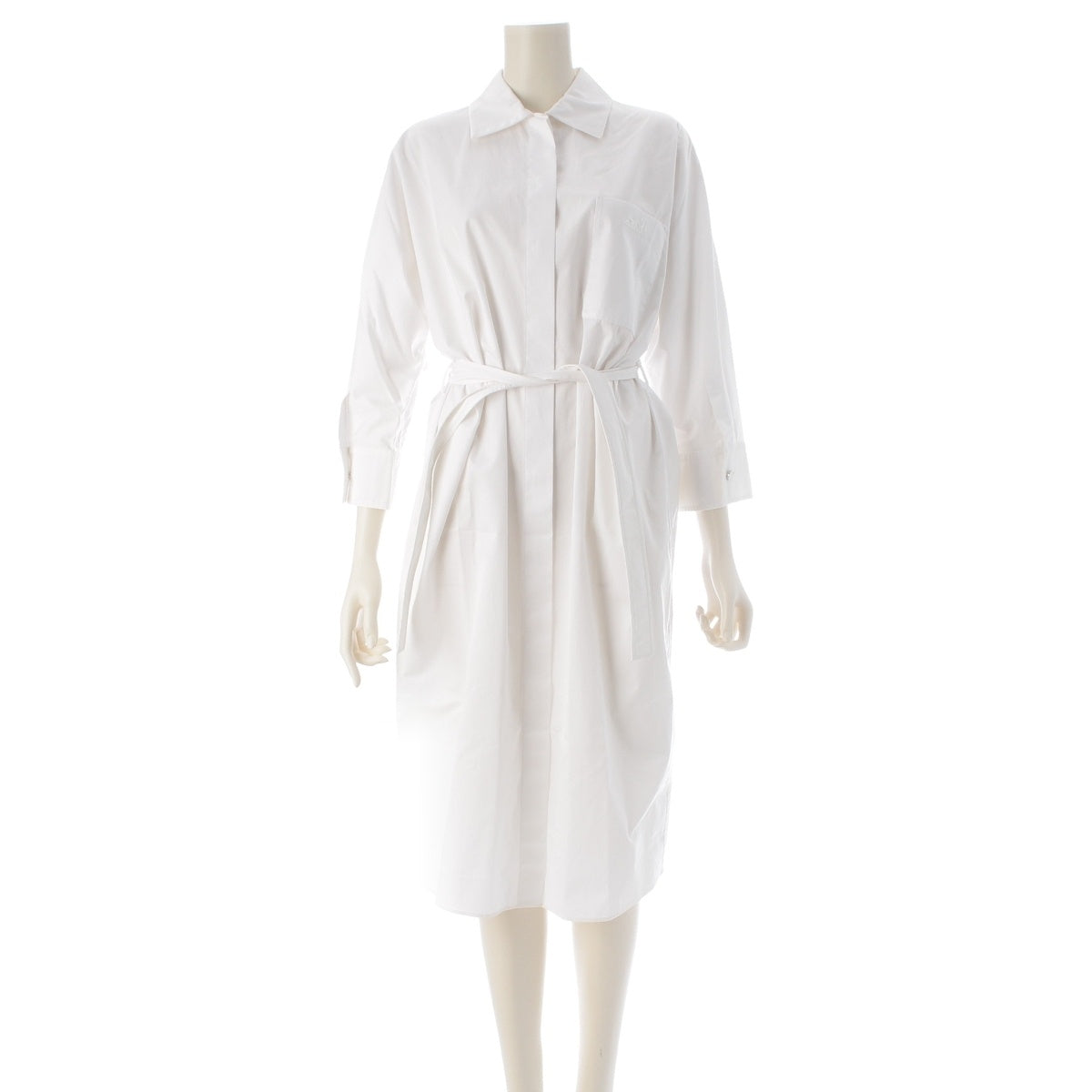 HERMES cotton Concealed placket, carriage embroidery, pocket, belted shirt one piece 3H0542DV white 38