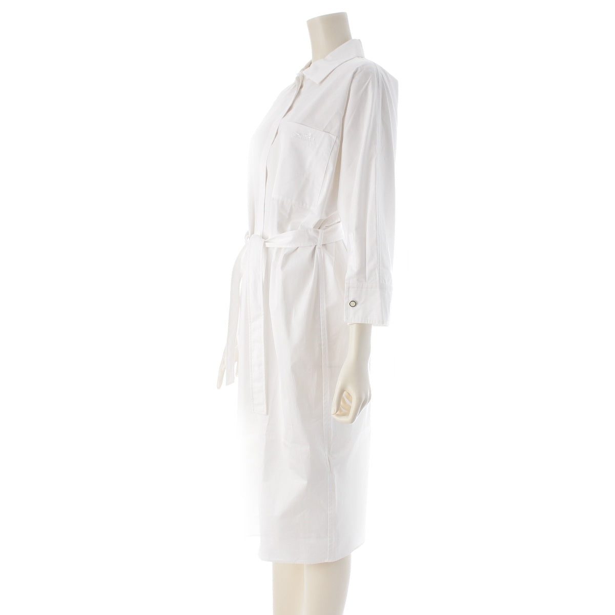 HERMES cotton Concealed placket, carriage embroidery, pocket, belted shirt one piece 3H0542DV white 38