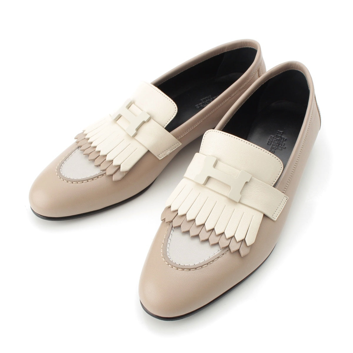 HERMES Royal leather fringe loafers leather shoes shoes Beige 38