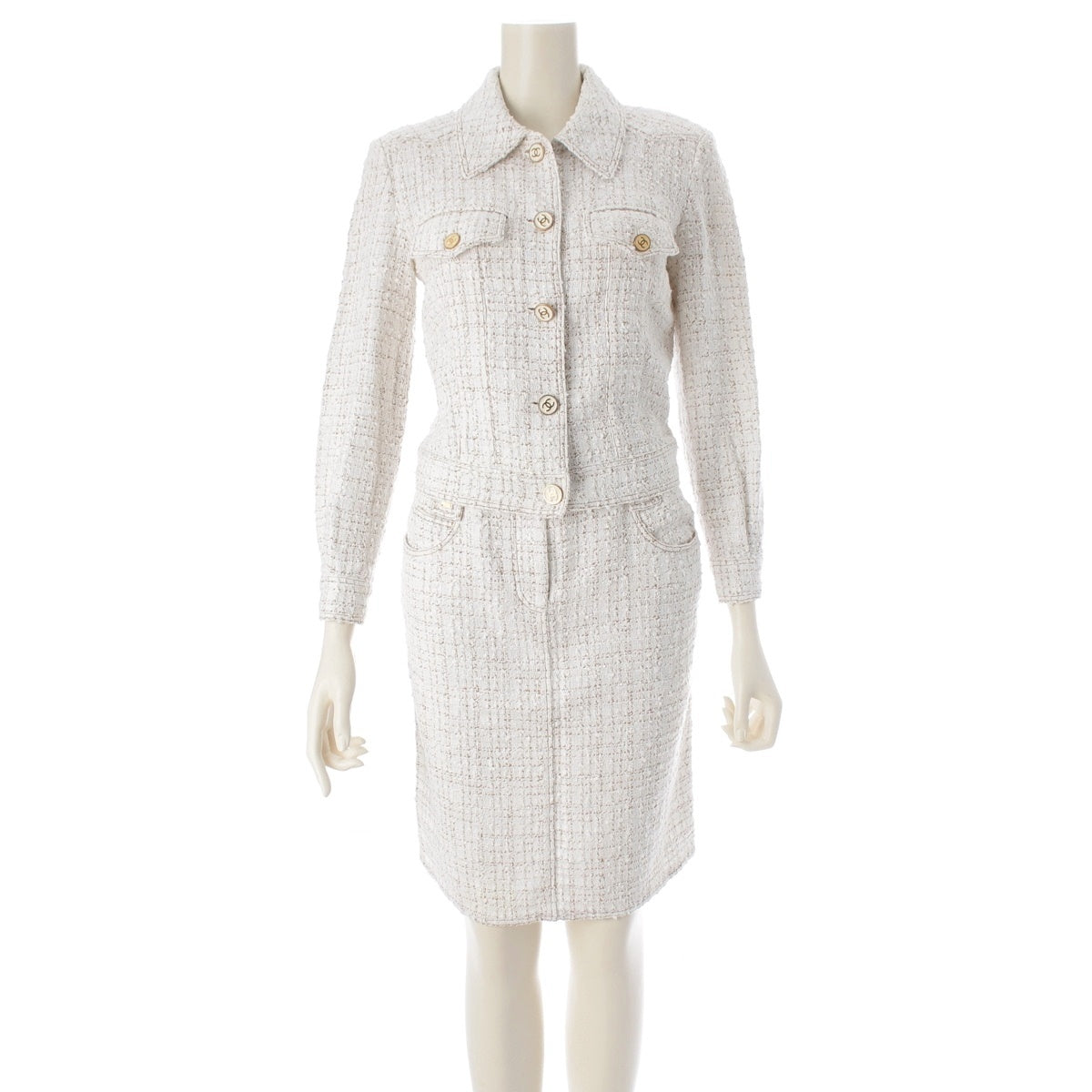CHANEL Cotton rayon COCO Mark button tweed Skirt setup Jackets Tops Bottoms P17609/P17613 white 36