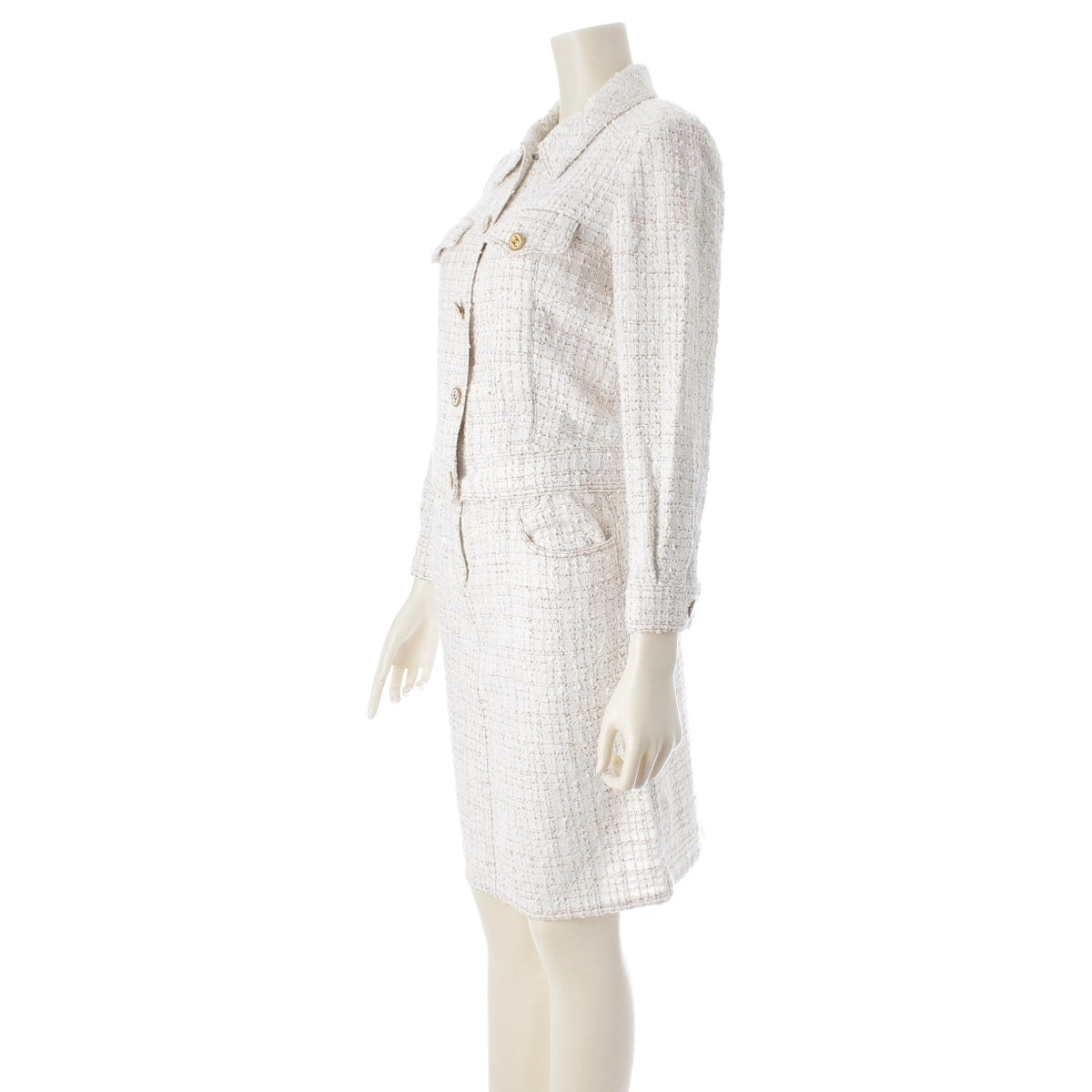 CHANEL Cotton rayon COCO Mark button tweed Skirt setup Jackets Tops Bottoms P17609/P17613 white 36