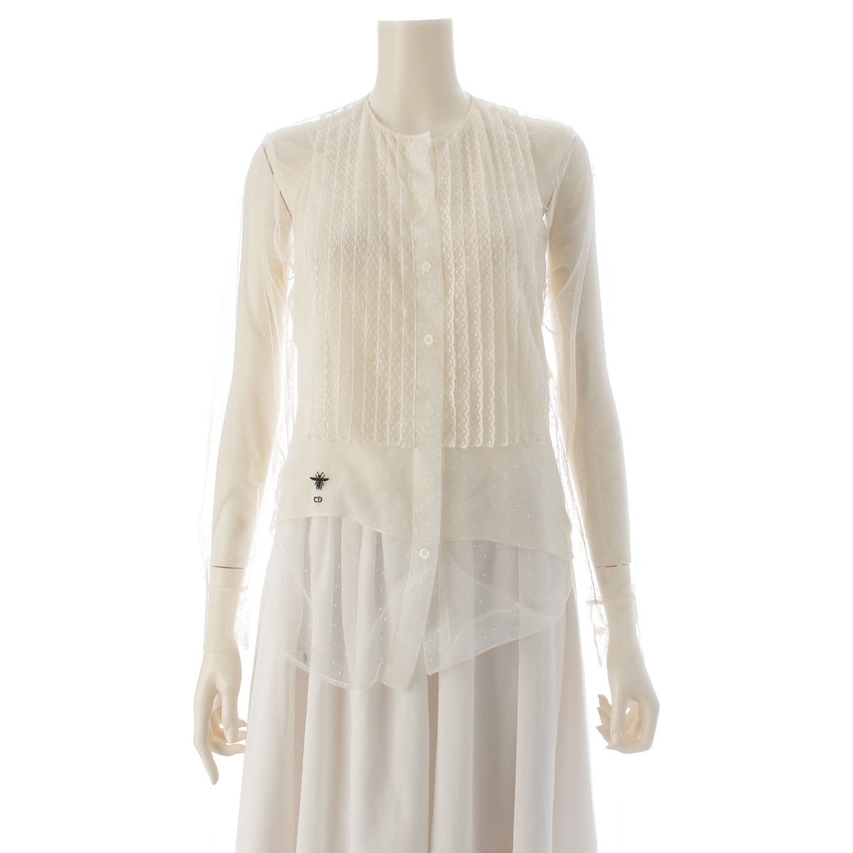 Christian Dior Tulle Dot Pattern Bee Embroidery blouse tops 841B42A8810 Ivory 34