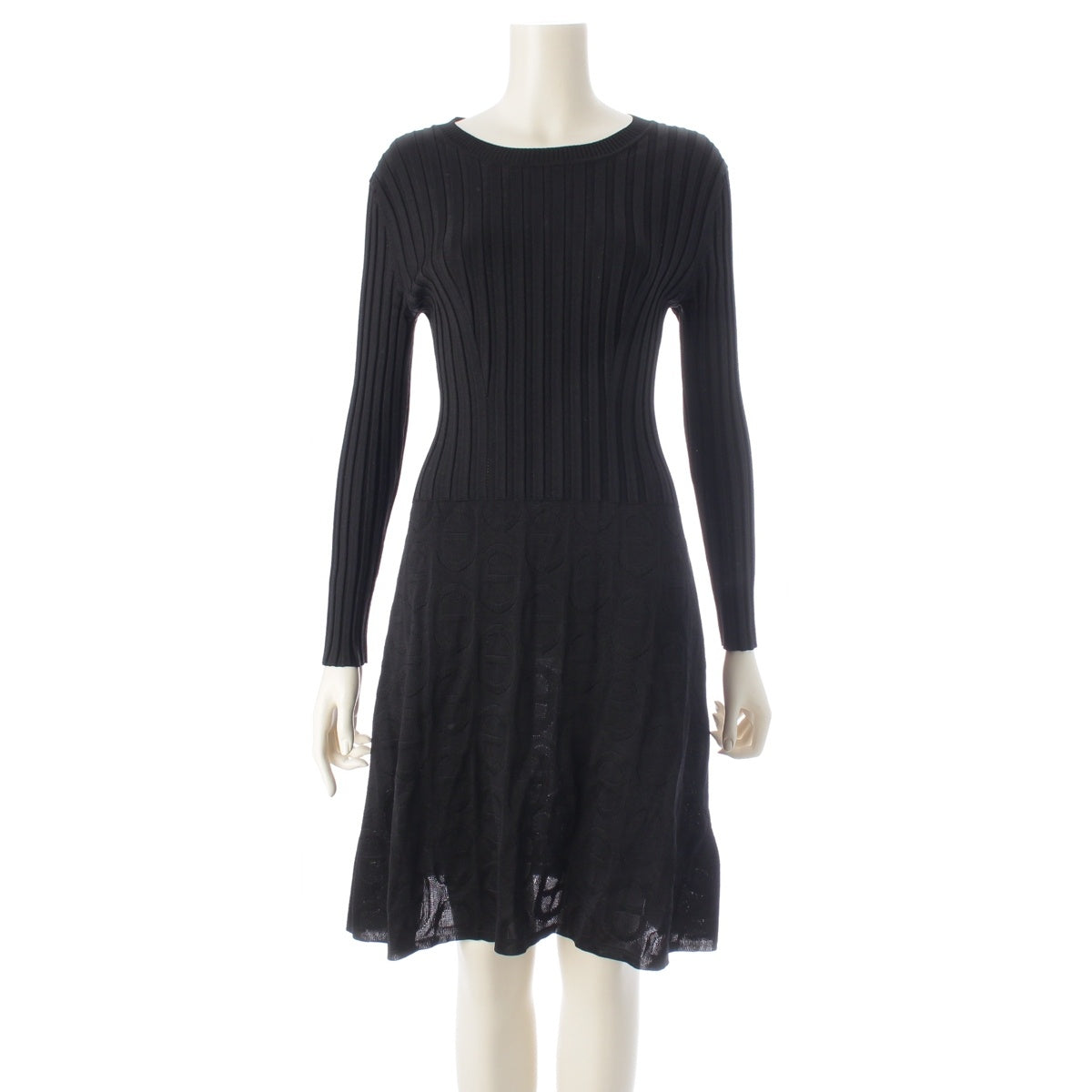 HERMES ChÃ©ne Dunkel silk Long-sleeved ribbed knit one piece dress 16-7703 black 38