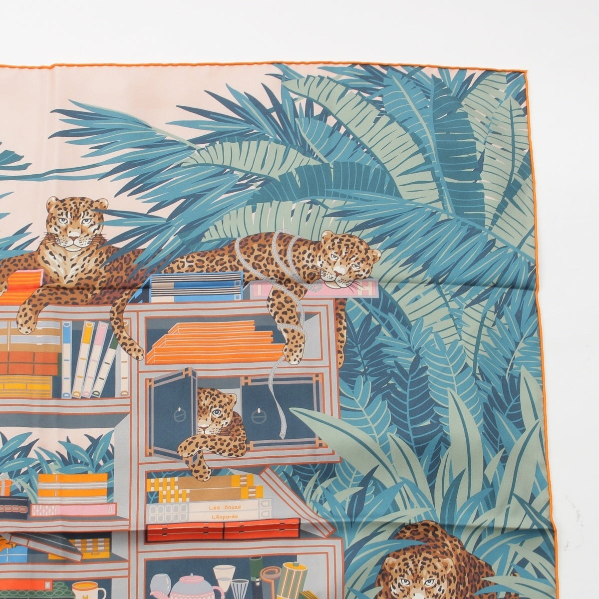 HERMES Calle 90 silk Double Face Les Douze Leopards (12 leopards) scarf Orange Blue Multicolor