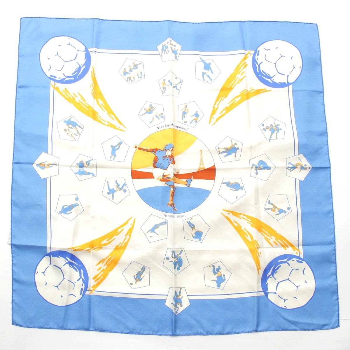 HERMES Carre 90 Vive les champions! Viva Champions silk scarf White blue