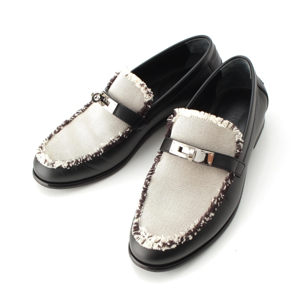 HERMES Desting Calf leather Toile H Fringe Prunoir Kelly Metal loafers shoes Noir 37