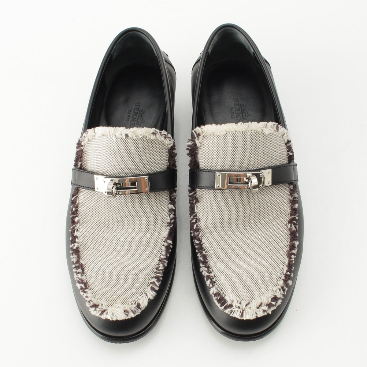 HERMES Desting Calf leather Toile H Fringe Prunoir Kelly Metal loafers shoes Noir 37