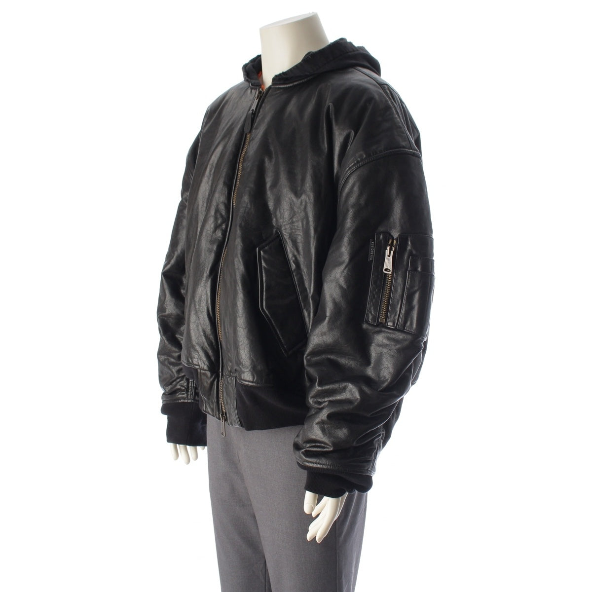 BALENCIAGA Leather cotton Oversized hooded distressed jacket Blouson 750953 black XXS