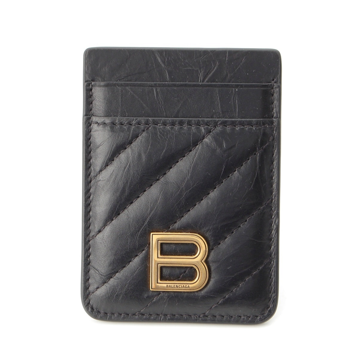 BALENCIAGA Crushed calfskin B Logo Quilted Magnetic Card Holder Card Case black