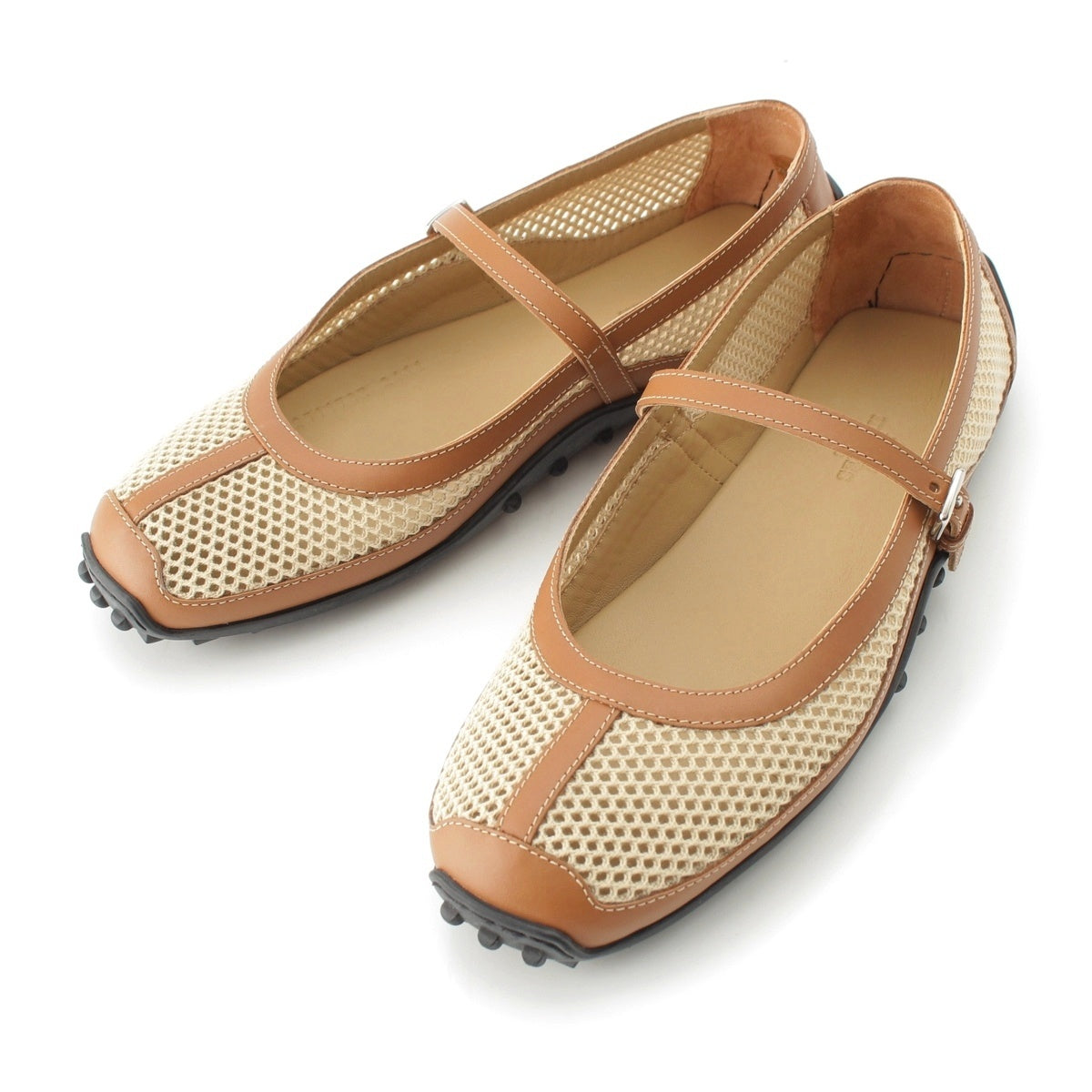 HERMES Kichu Mesh Leather Ballet shoes Beige x brown 37