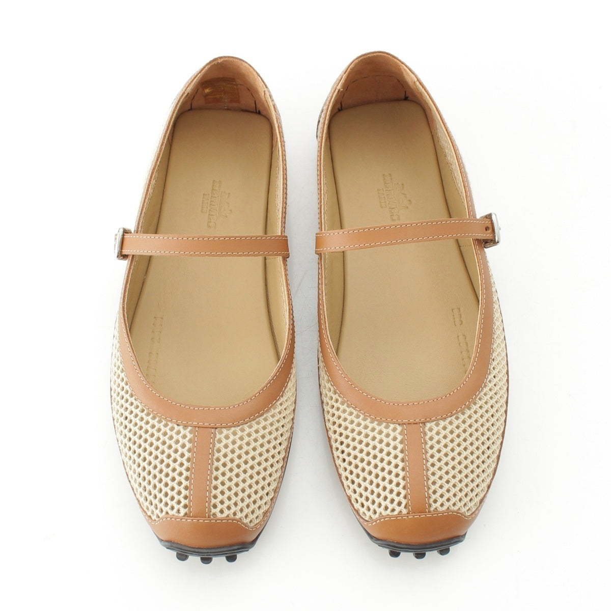 HERMES Kichu Mesh Leather Ballet shoes Beige x brown 37