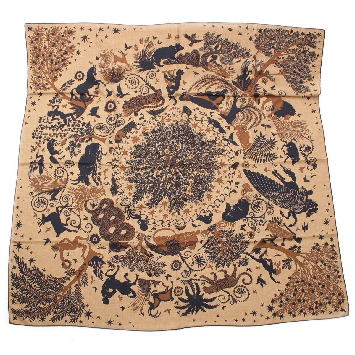 HERMES Carrejean Carre 140 cashmere silk Sous le Charme d'Orphee Seduced by the charm of Orpheus scarf beige