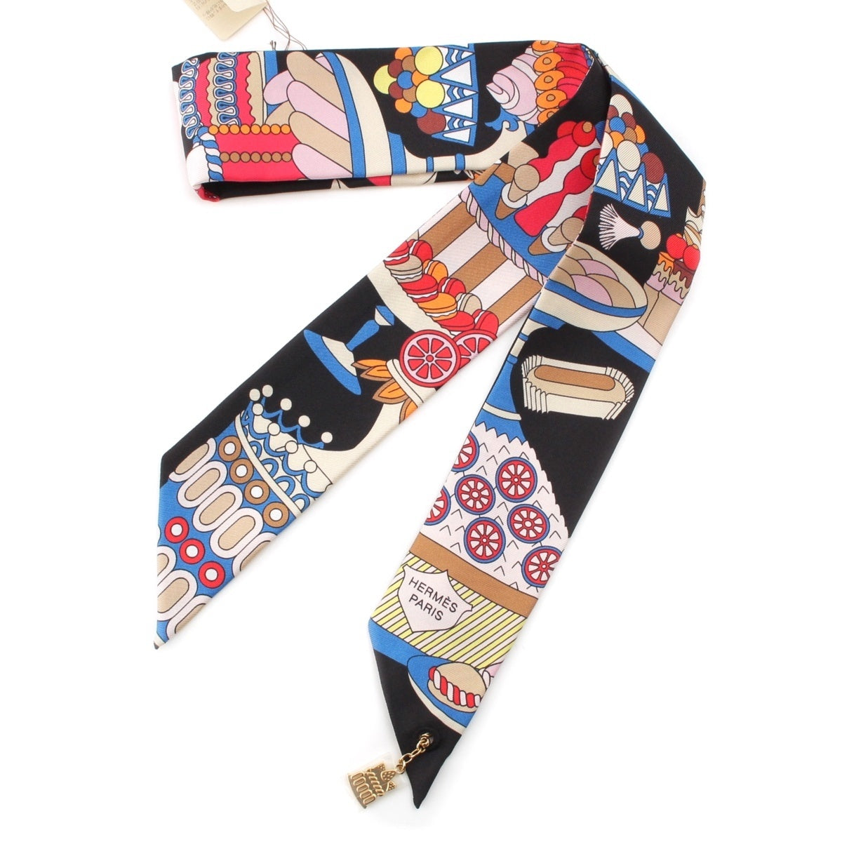 HERMES Twilly Charms silk La Patisserie Francaise scarf Black multicolor