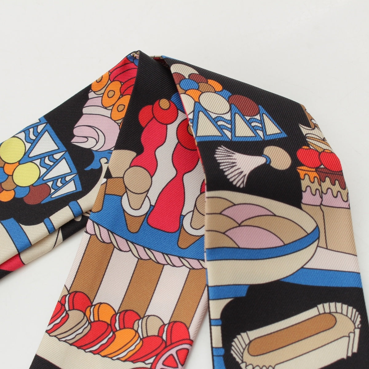 HERMES Twilly Charms silk La Patisserie Francaise scarf Black multicolor