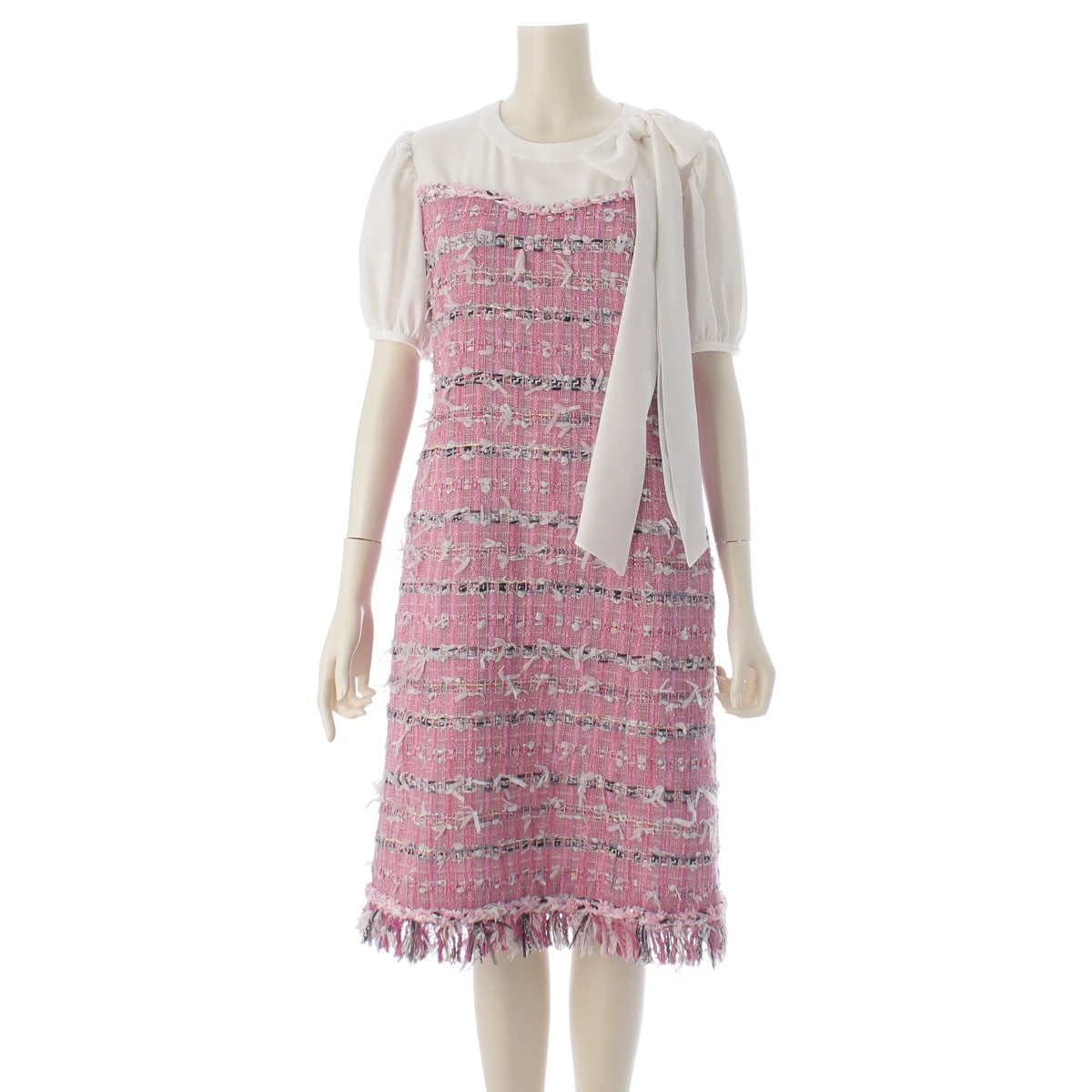 Rene Maria Kent Tweed Panel Puff Sleeve Ribbon one piece 6116950 White x pink 36