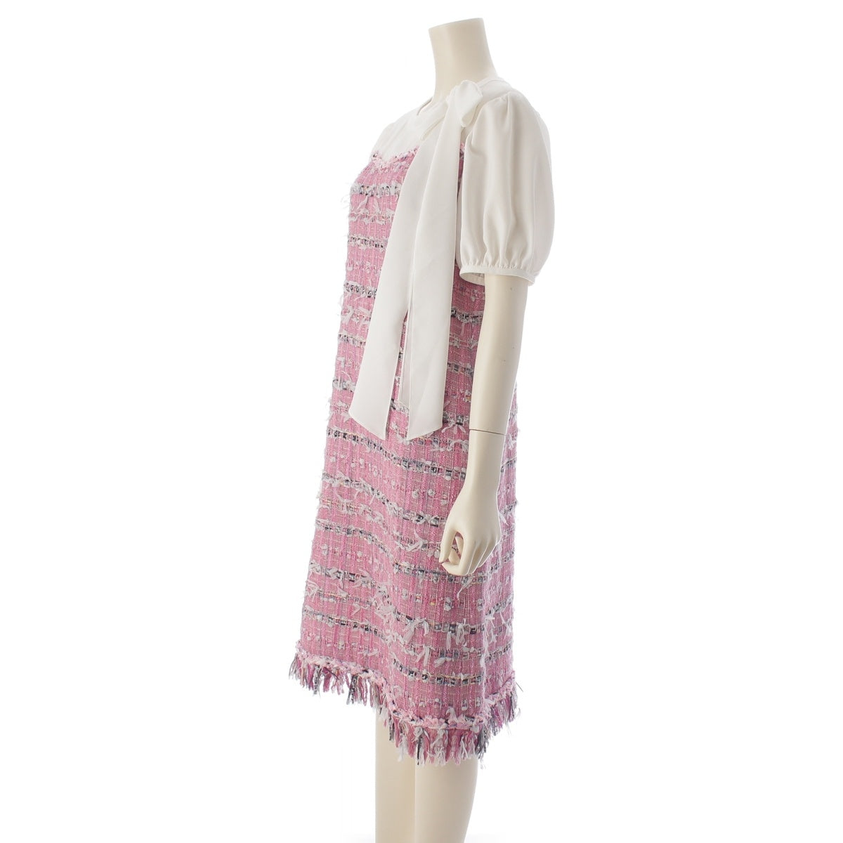 Rene Maria Kent Tweed Panel Puff Sleeve Ribbon one piece 6116950 White x pink 36