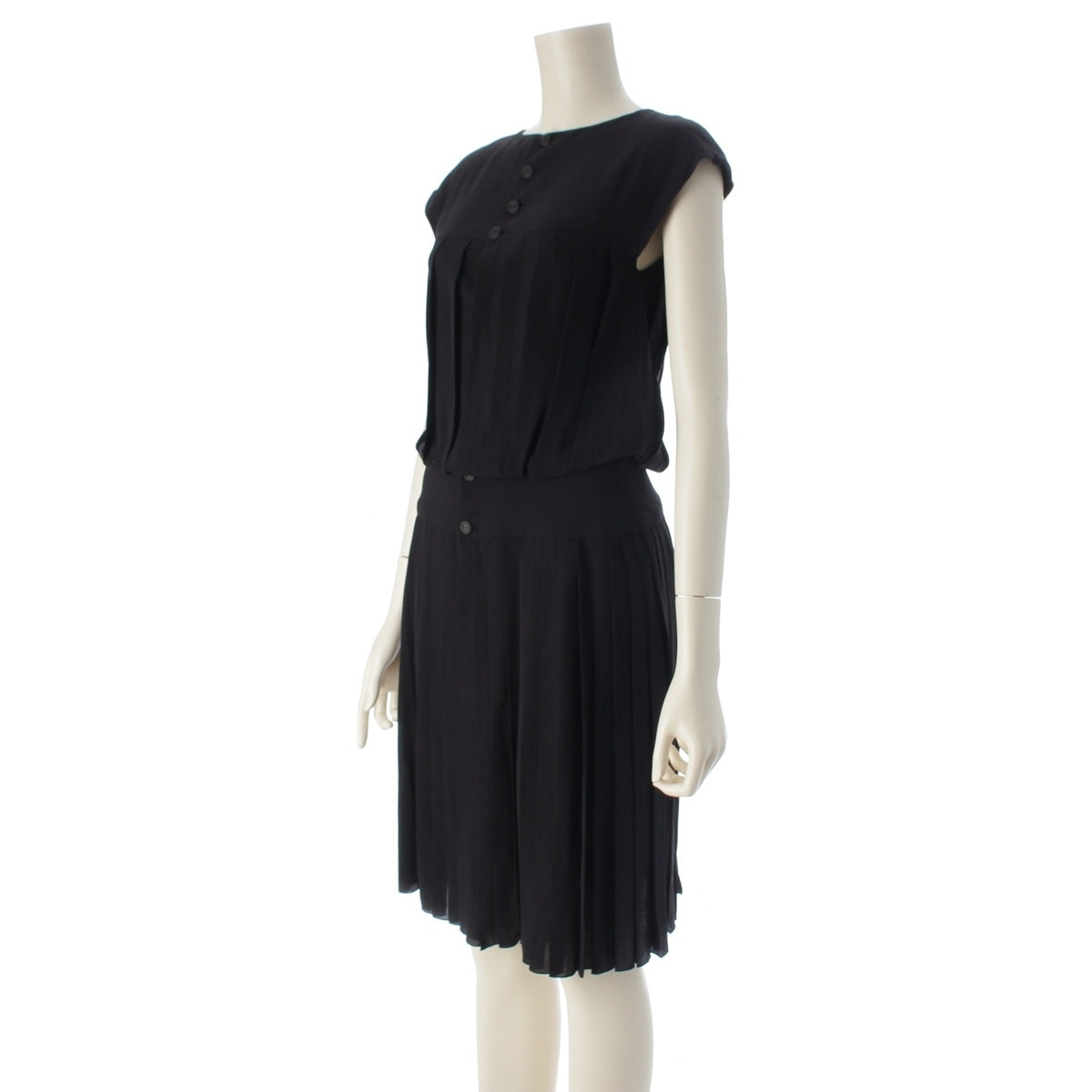 CHANEL silk Pleated design sleeveless one piece Knee length P30955 black 36