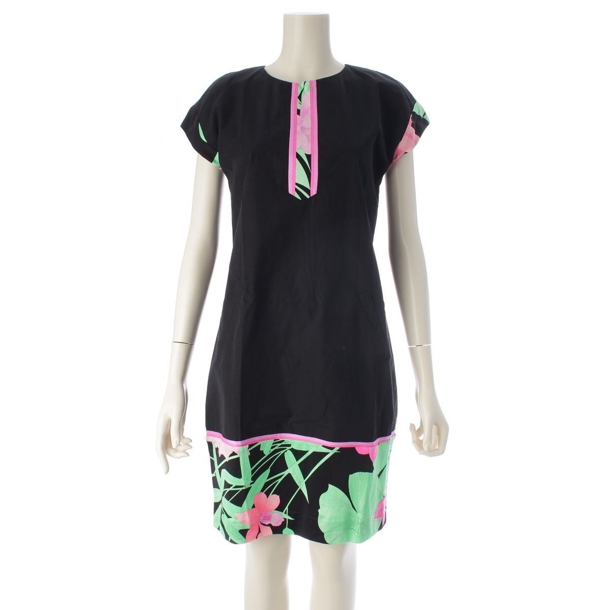 LEONARD Silk cotton trim French sleeve floral print panel one piece tops Black pink 38