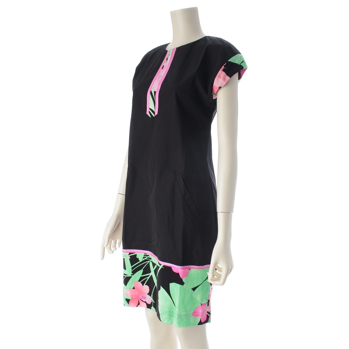 LEONARD Silk cotton trim French sleeve floral print panel one piece tops Black pink 38