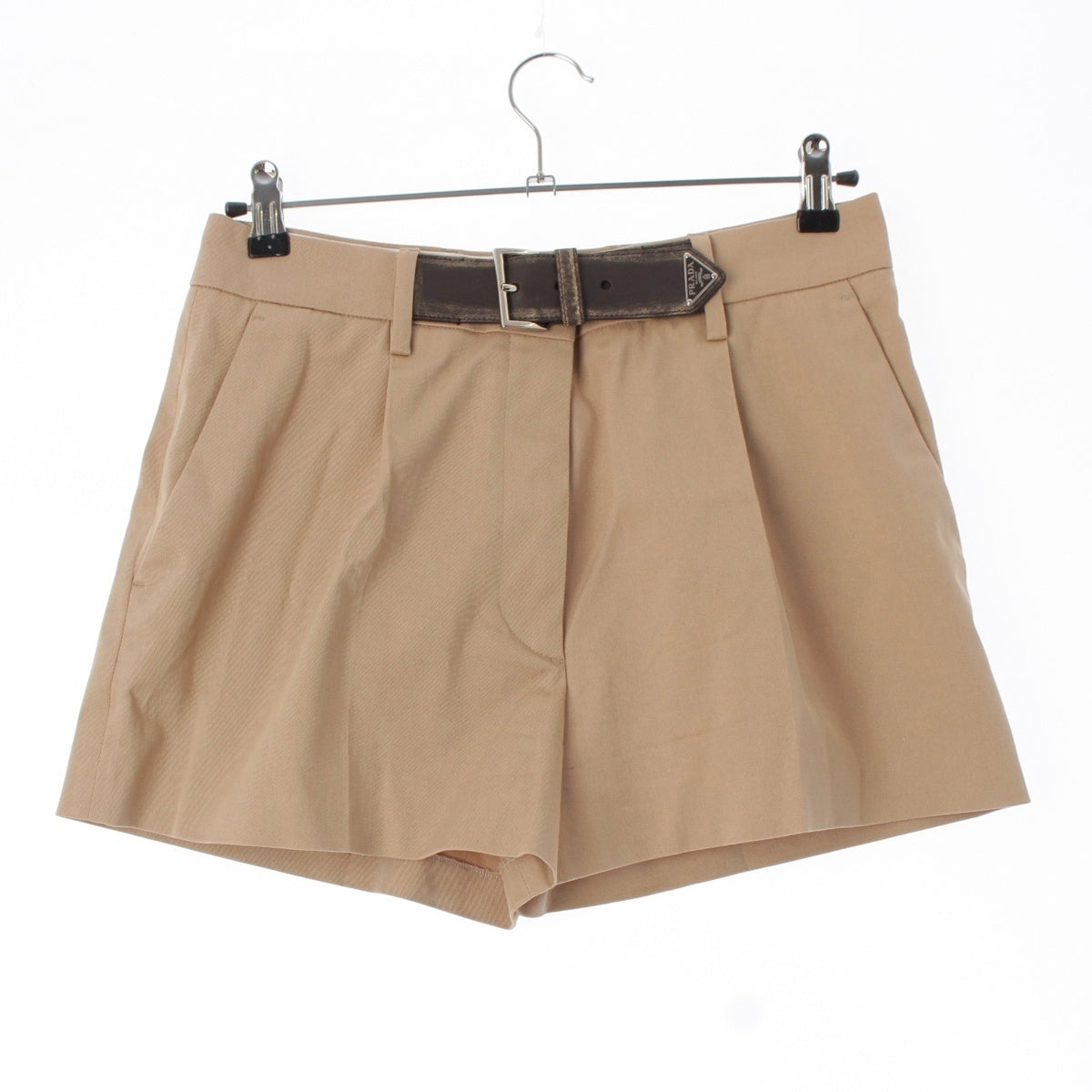 PRADA cotton Triangle Logo Bermuda Leather Belted Shorts Pants P275GK beige 40