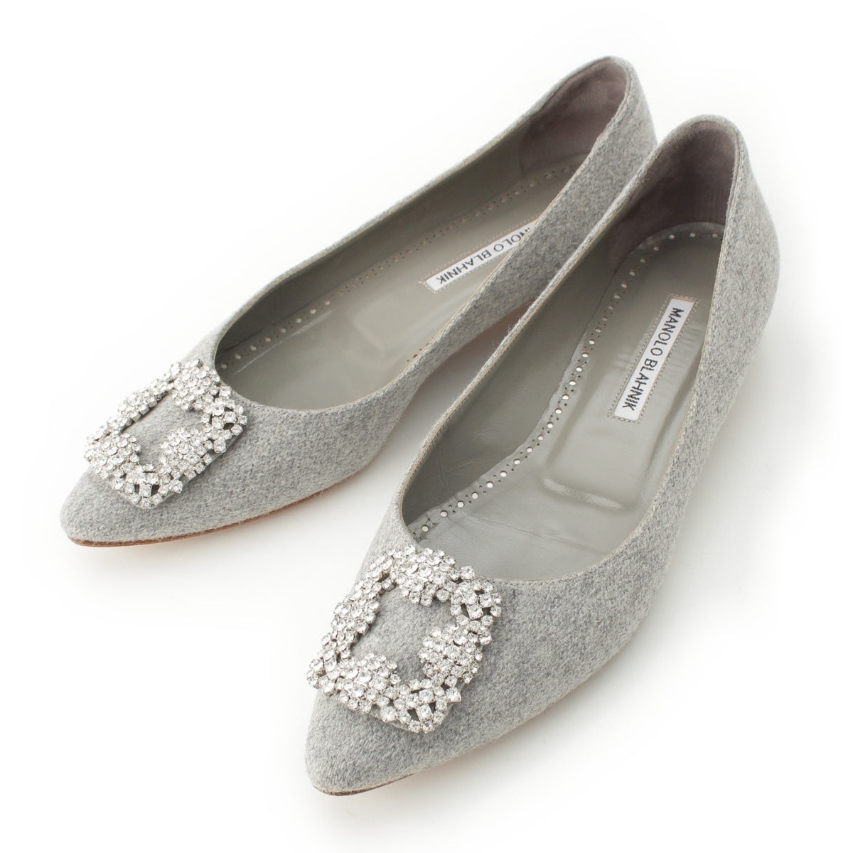 MANOLO BLAHNIK Wool felt Hangisi Jewel Buckle Flat Shoes pumps gray 38 1/2