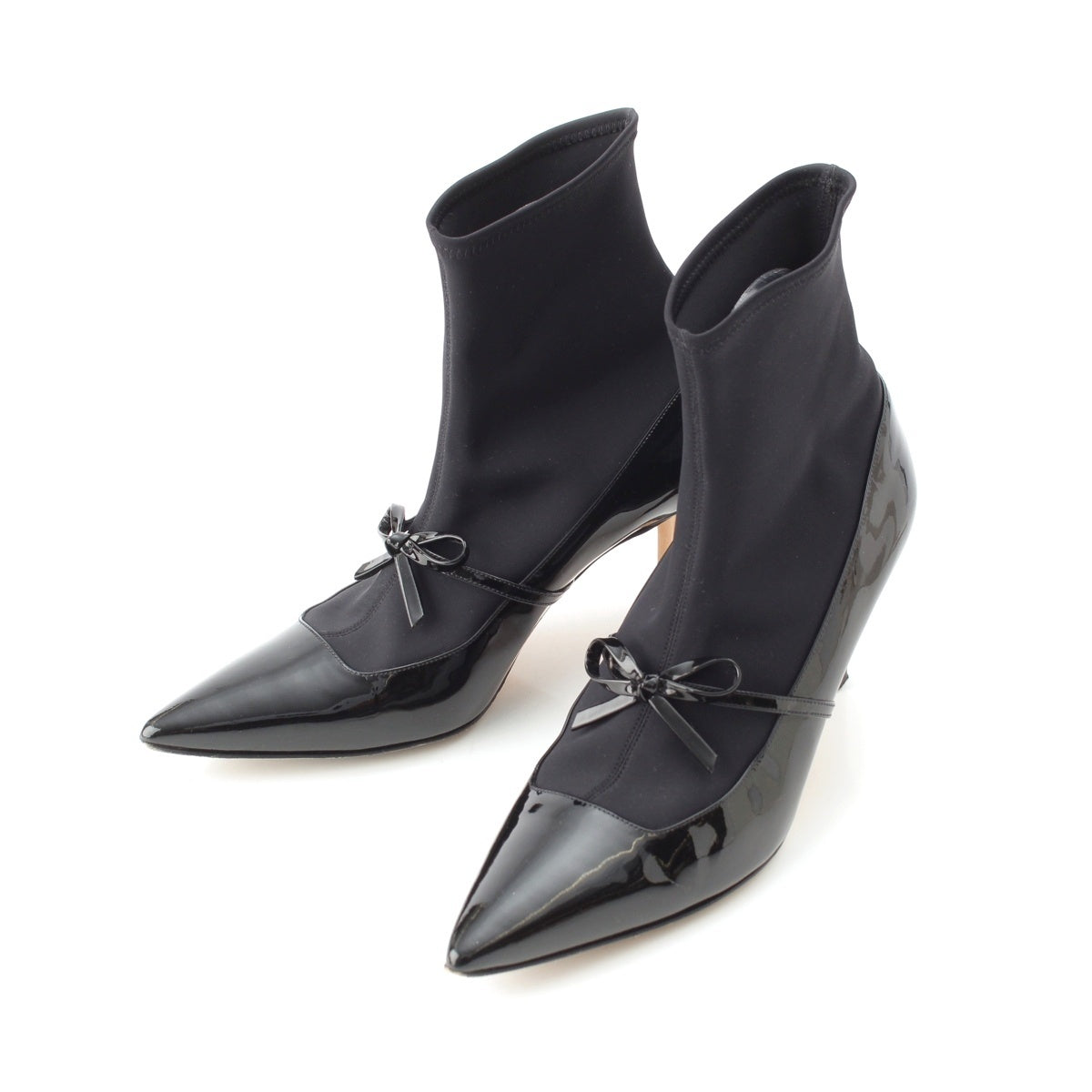 MANOLO BLAHNIK APOONKLE Enamel leather Ribbon design stretch Booties shoes black 38 1/2
