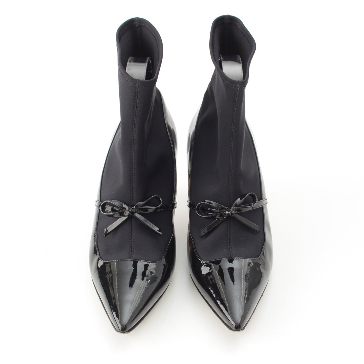MANOLO BLAHNIK APOONKLE Enamel leather Ribbon design stretch Booties shoes black 38 1/2