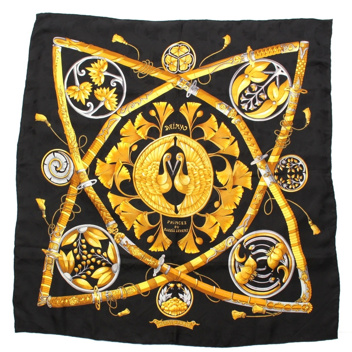 HERMES Carre 90 DAIMYO PRINCES DU SOLEIL LEVANT Daimyo Prince of the Land of the Rising Sun silk scarf Black gold
