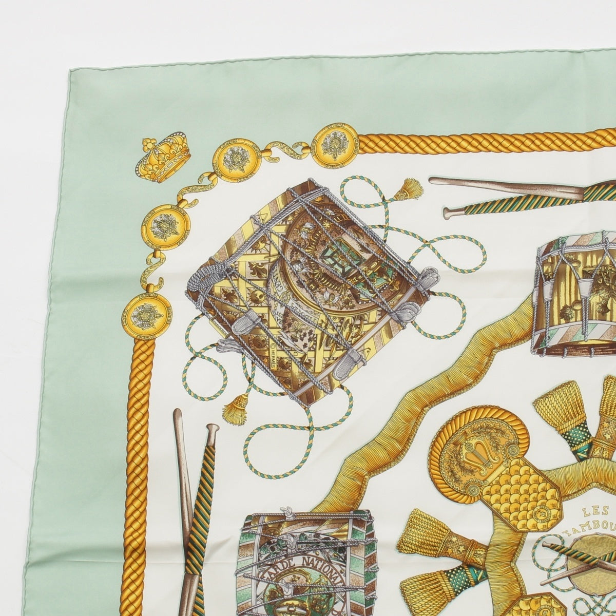 HERMES Carre 90 LES TAMBOURS Tambour drums silk scarf green