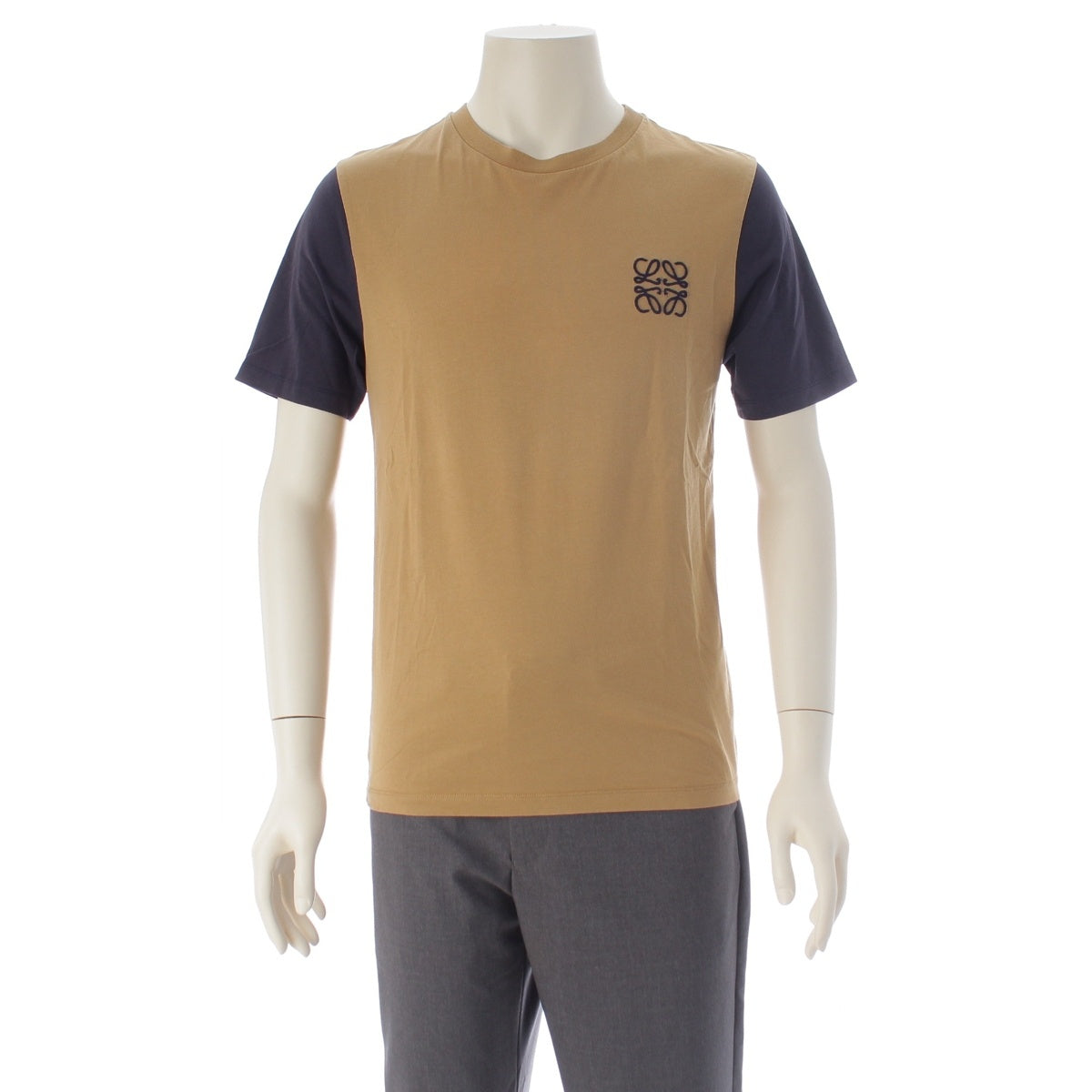 LOEWE cotton Anagram Embroidery Bicolor Short sleeve T-shirt tops H6199382CR Beige navy XS