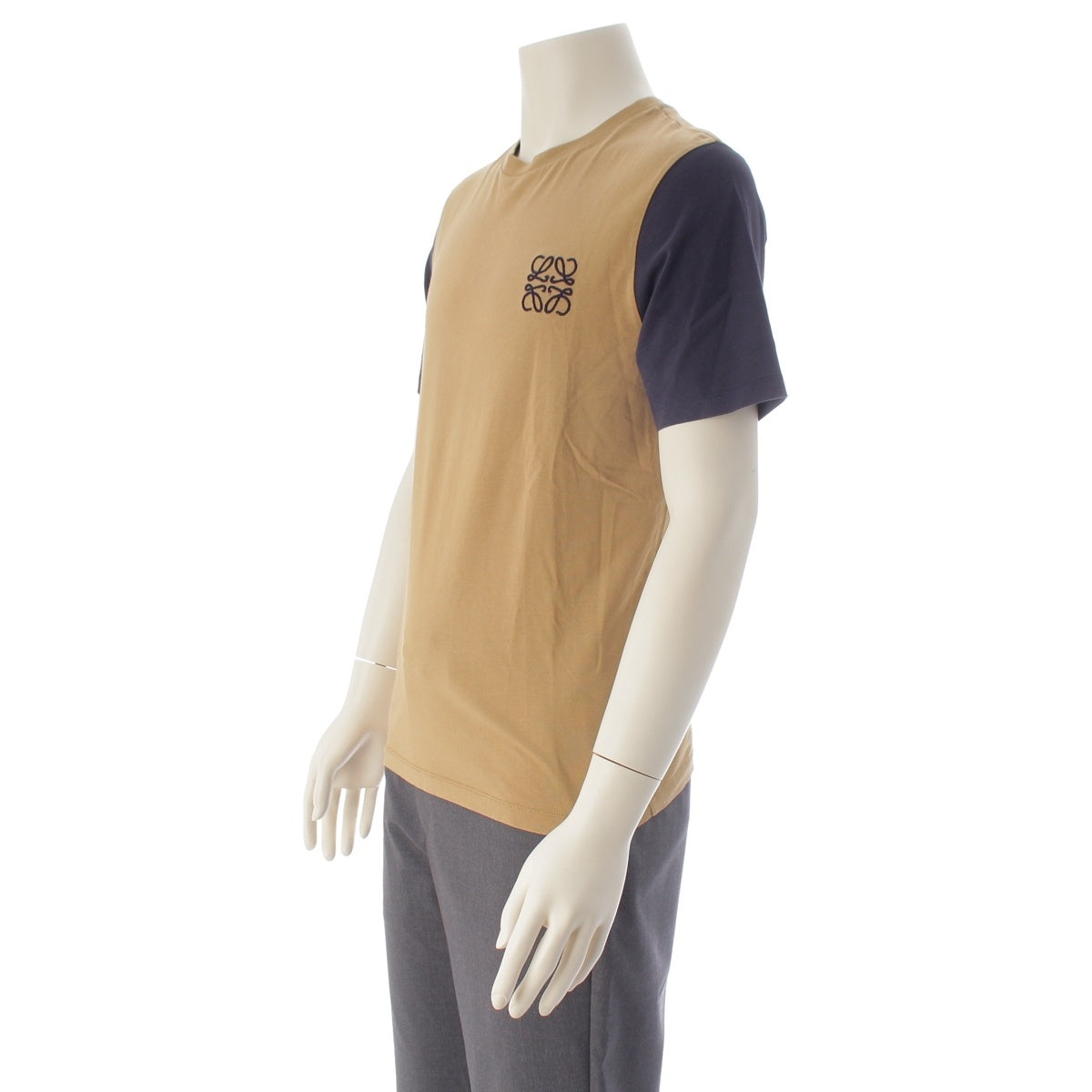 LOEWE cotton Anagram Embroidery Bicolor Short sleeve T-shirt tops H6199382CR Beige navy XS