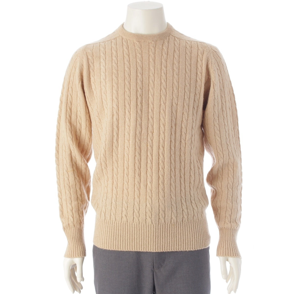 HERMES Pure Camel EXCLUSIF Vintage Crew Neck Cable Knit sweater tops Beige Ivory S