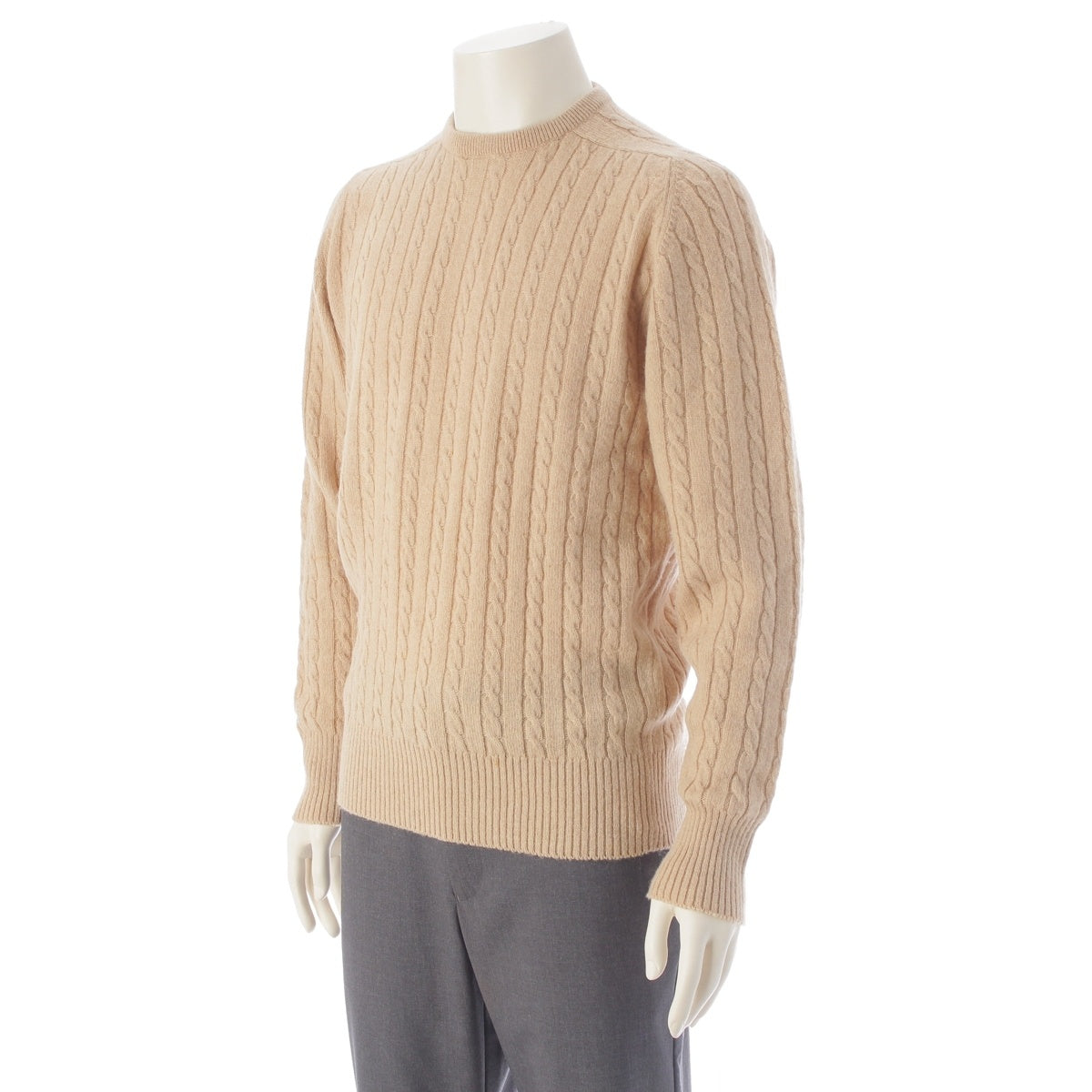 HERMES Pure Camel EXCLUSIF Vintage Crew Neck Cable Knit sweater tops Beige Ivory S