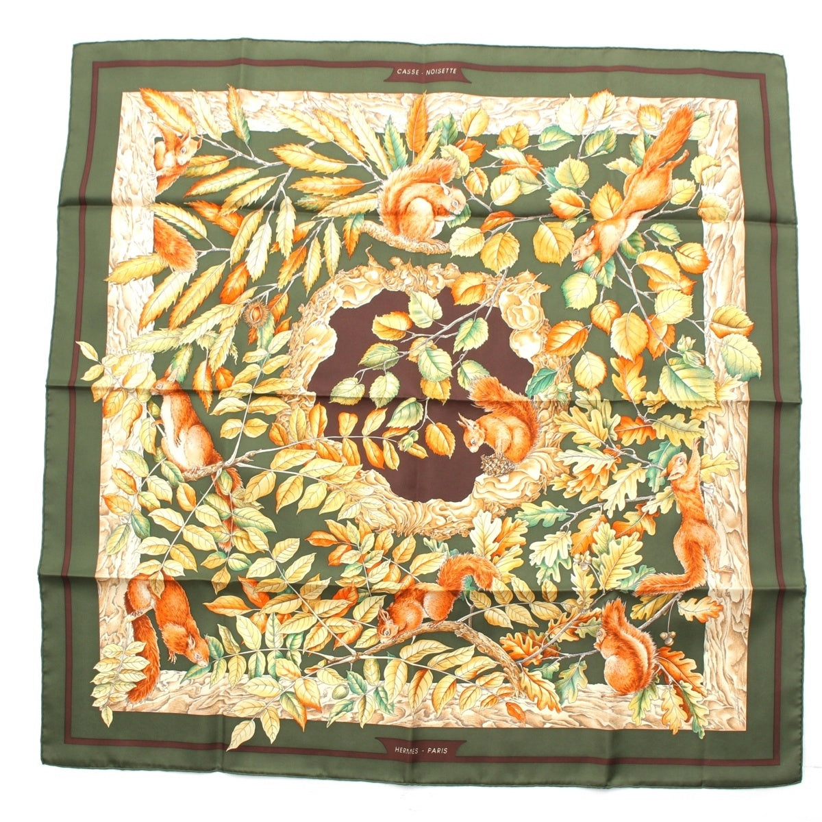 HERMES Calle 90 silk CASSE NOISETTE Nutcracker scarf green