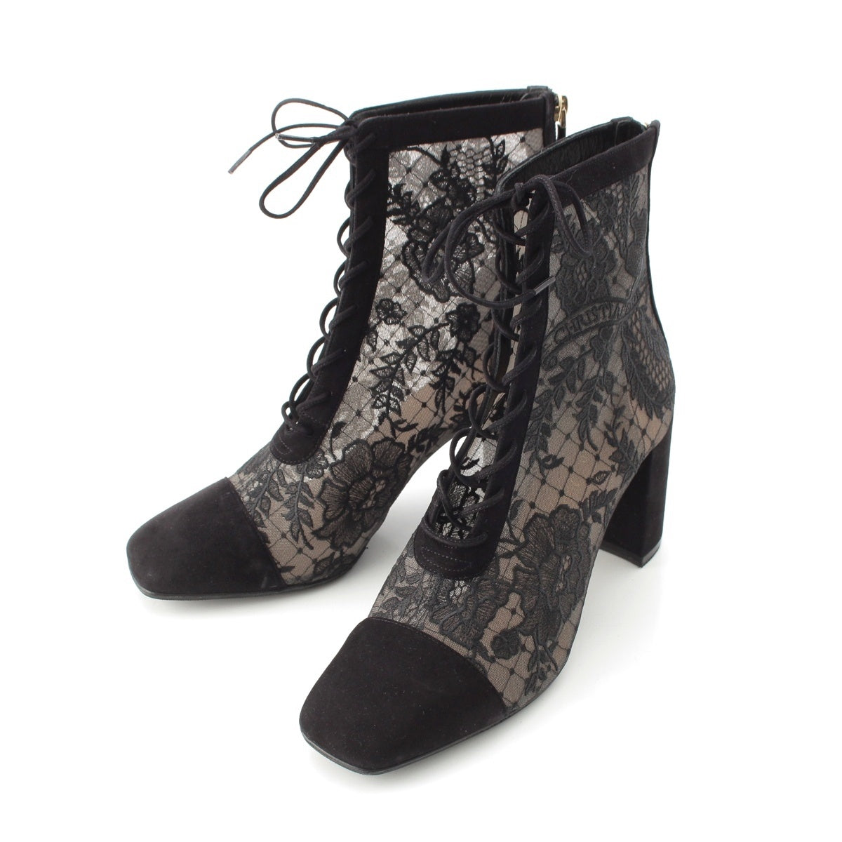 Dior Naughtily-D Mesh lace-up block heel Booties shoes black 38 1/2