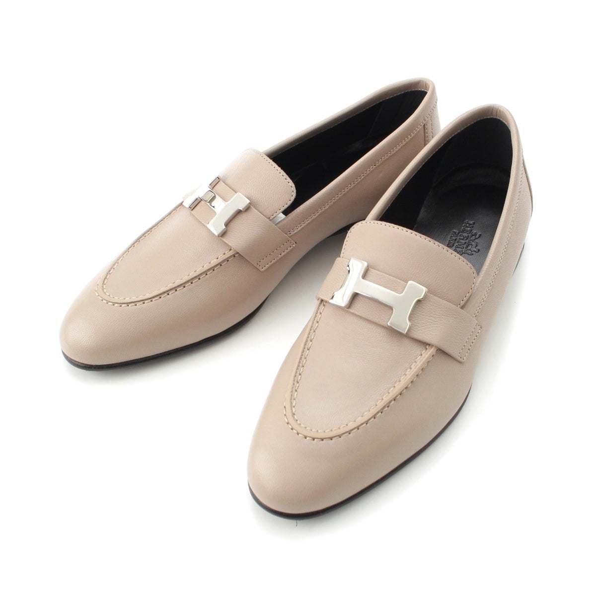 HERMES leather Moccasins Paris H motif loafers pumps Greige Beige 35