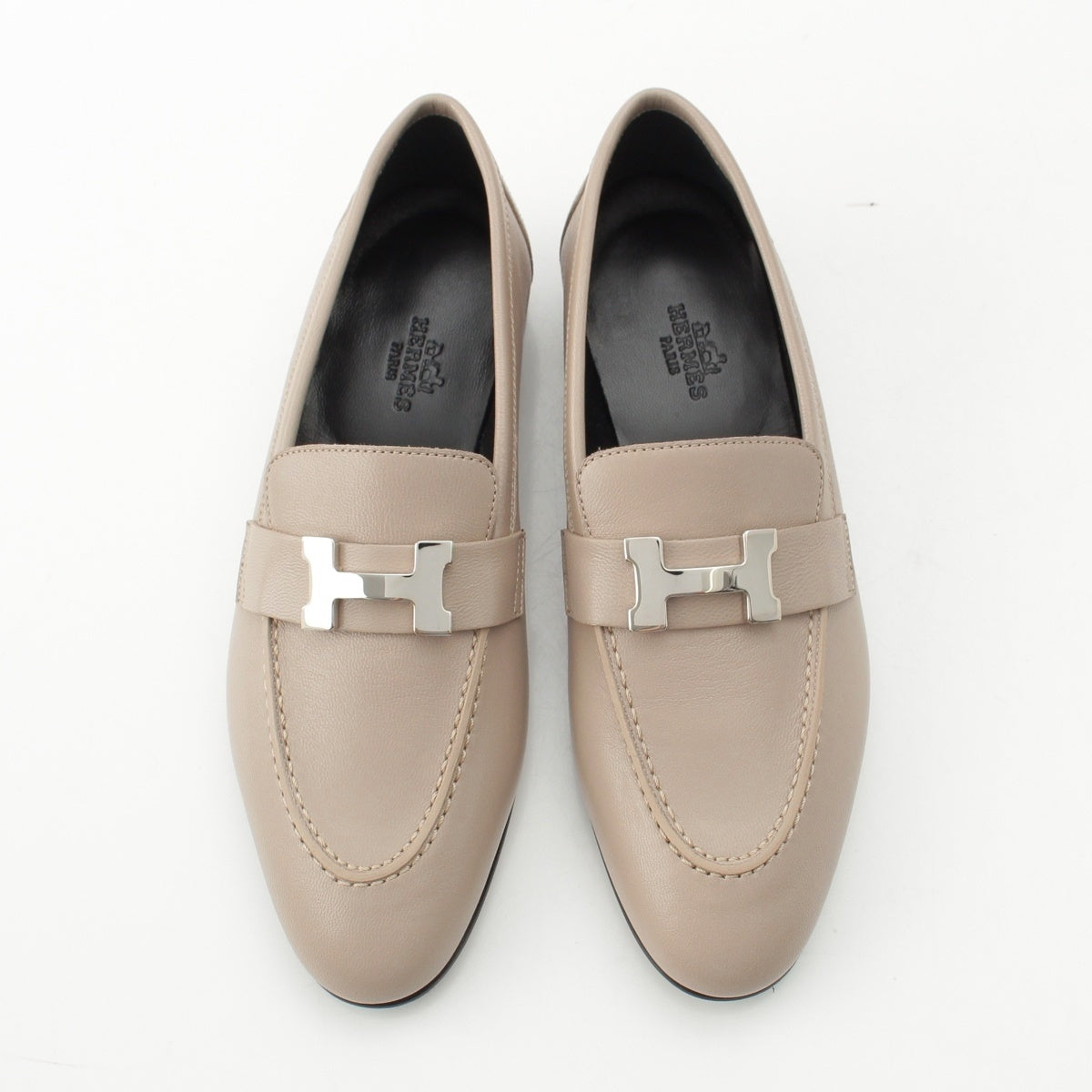 HERMES leather Moccasins Paris H motif loafers pumps Greige Beige 35
