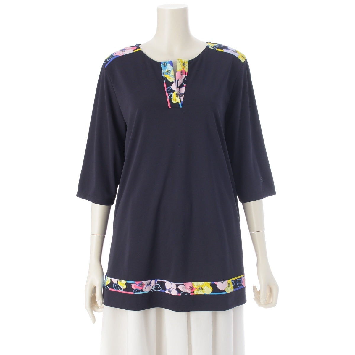LEONARD Floral print 7/8 sleeve Tunic Cut Navy 42