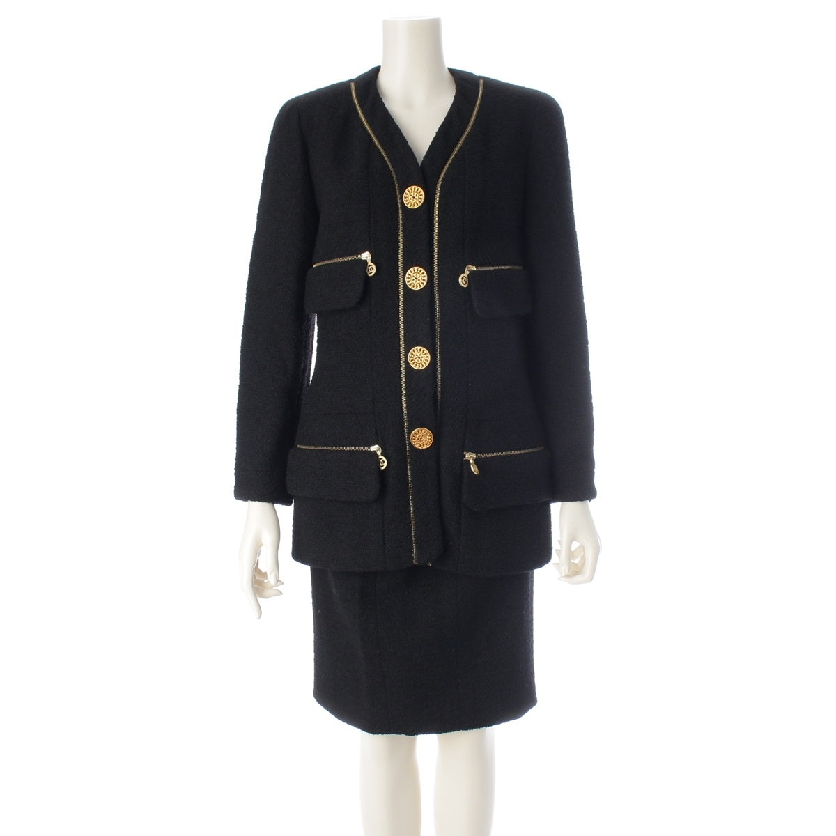 CHANEL wool 29 Vintage COCO Mark Zip Tweed Jacket Skirt setup 20445 black 36