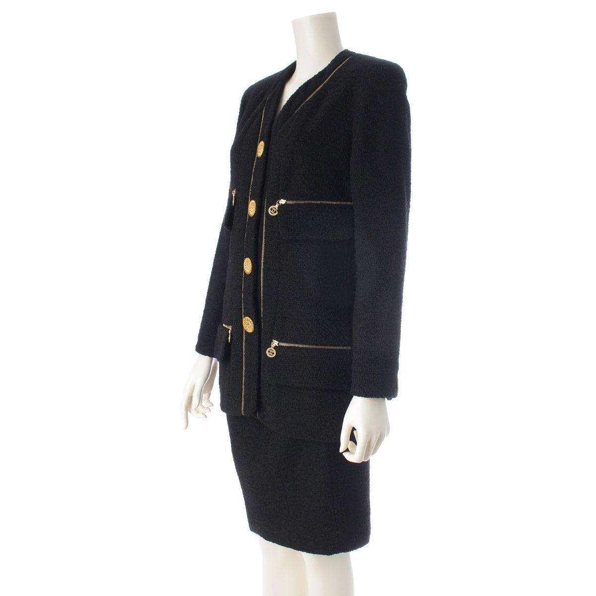 CHANEL wool 29 Vintage COCO Mark Zip Tweed Jacket Skirt setup 20445 black 36