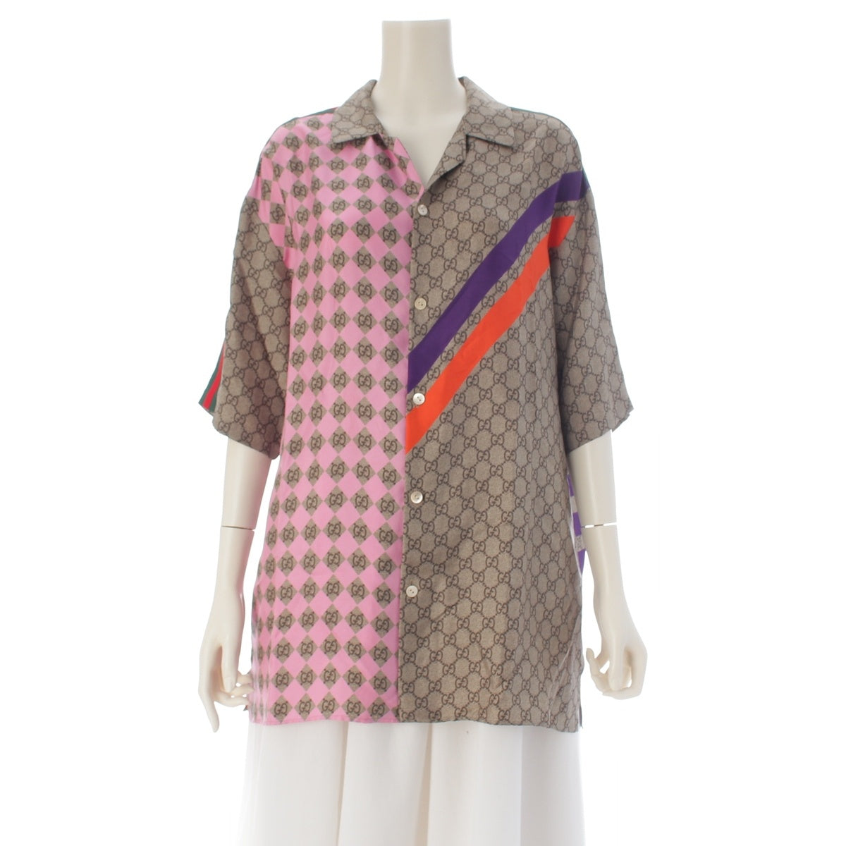 GUCCI silk Sherry Line GG Pattern Open Collar Short sleeve shirt tops 681207 beige 50